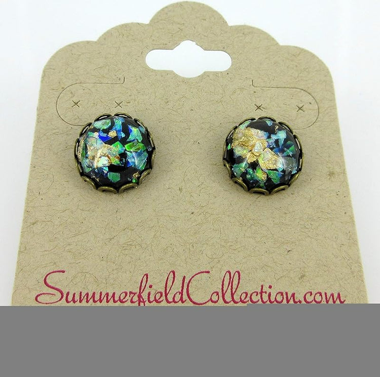 Summerfield Collection Antiqued Gold-tone Black and Opalescent Leaf Resin Stud Earrings 12mm
