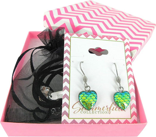 Summerfield Collection Mermaid Heart Choker Necklace Faux Black Suede Cord Dangle Earrings Set (Green)