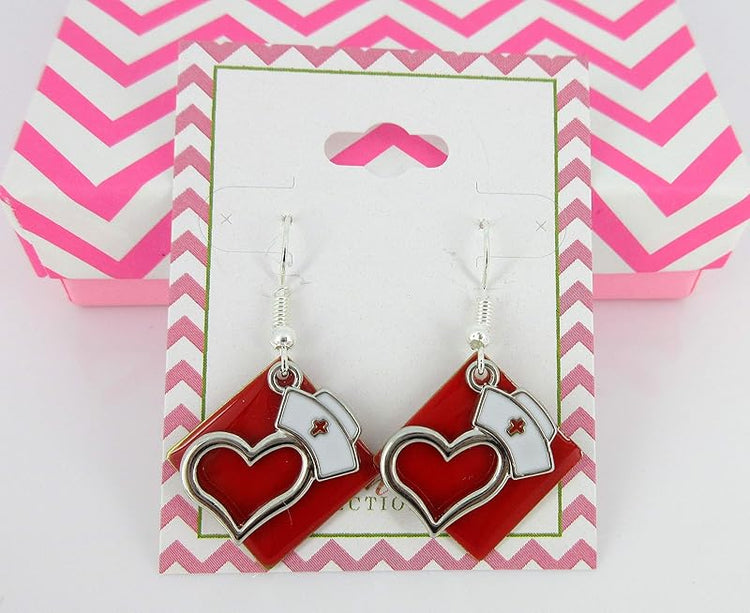Summerfield Collection Silver-tone Red Enamel Nurse Hat Heart Charm Dangle Earrings