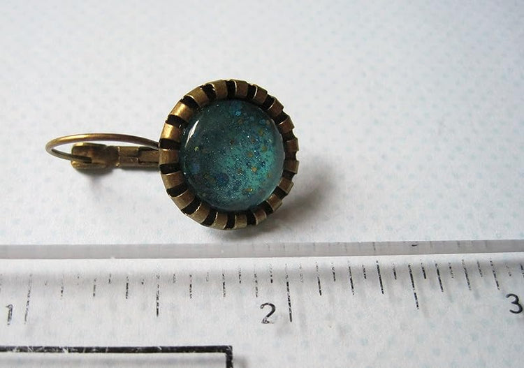 Summerfield Collection Antiqued Gold-tone Seafoam Green and Blue Glitter Glass Drop Earrings Leverback Hand-painted