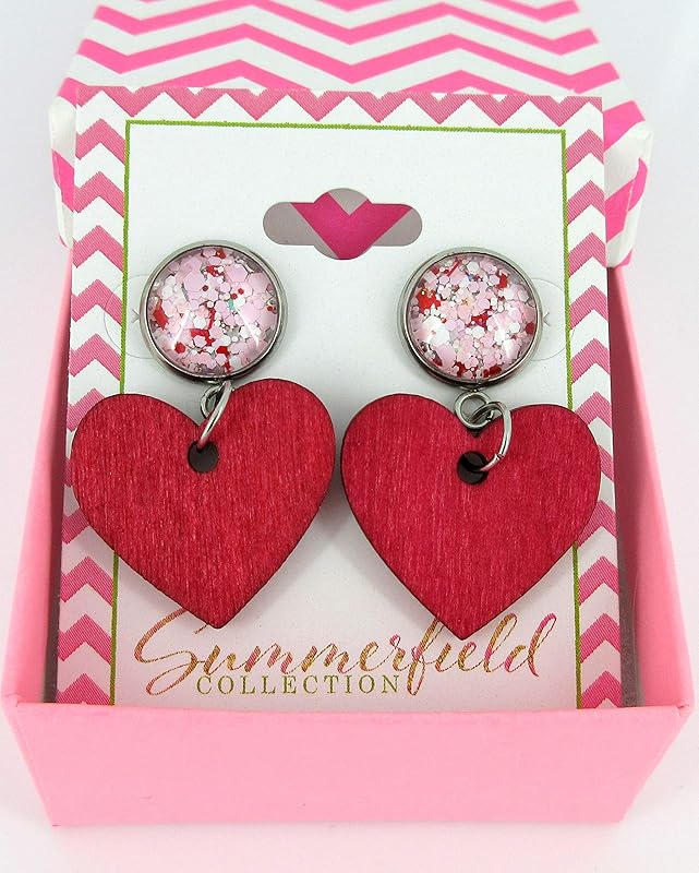 Summerfield Collection Stainless Steel Pink White Glitter Glass Red Heart Wood Drop Earrings