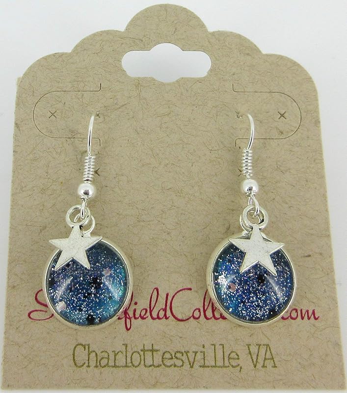 Summerfield Collection Silver-tone Glitter Glass Star Charm Galaxy Dangle Earrings Blue Hand-painted