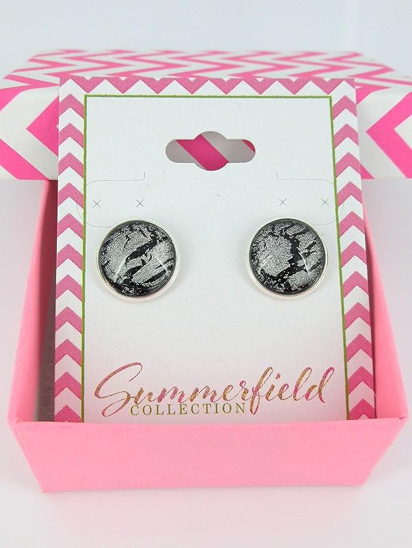Summerfield Collection Silver-tone Black Shattered Glitter Glass Stud Earrings Hand-painted 12mm