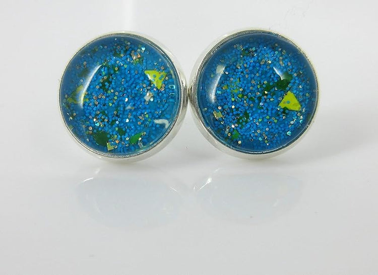 Summerfield Collection Trio Silver-tone Stud Earrings Neon Pink Yellow and Blue Glitter Glass Set 12mm Hand-painted