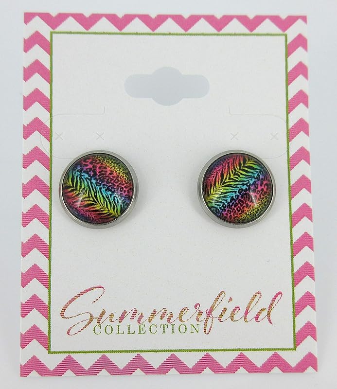 Summerfield Collection Stainless Steel Rainbow Tiger Animal Print Glass Stud Earrings 12mm