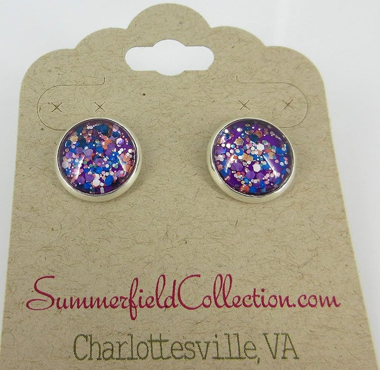 Summerfield Collection Silver-tone Purple and Multi Color Glitter Glass Stud Earrings Hand-painted 12mm