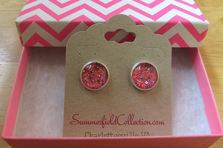Summerfield Collection Silver-tone Hot Pink and Multi Color Glitter Glass Stud Earrings Hand-painted 12mm