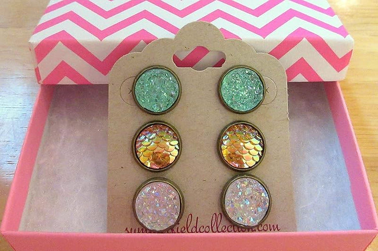 Summerfield Collection Trio Stud Earrings Seafoam Clear AB Faux Druzy Stone Yellow Mermaid Scale Set 12mm
