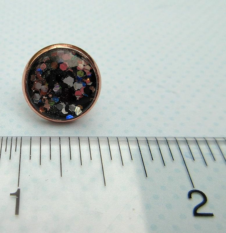 Summerfield Collection Rose Gold-tone Black Meteor Shower Glitter Glass Galaxy Stud Earrings Hand-painted 12mm