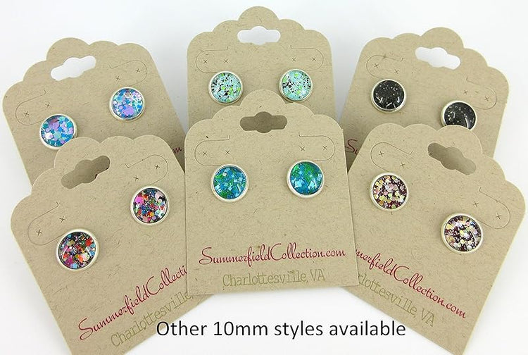 Summerfield Collection Silver-tone Burgundy Confetti Glitter Glass Stud Earrings Hand-painted 10mm
