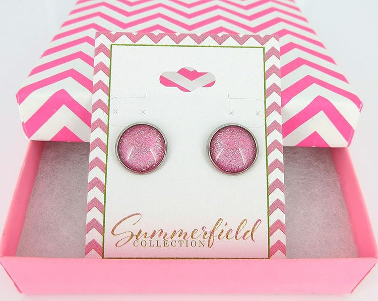 Summerfield Collection Stainless Steel Pink and Silver Glitter Glass Stud Earrings Hand-painted 12mm