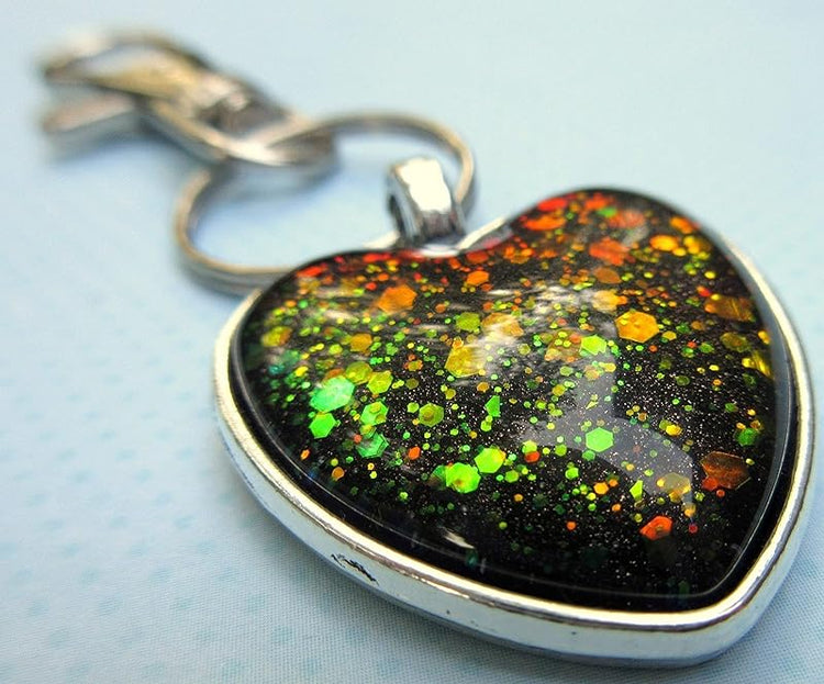 Summerfield Collection Antiqued Silver-tone Black and Red Duochrome Glitter Glass Heart Keychain Hand-painted