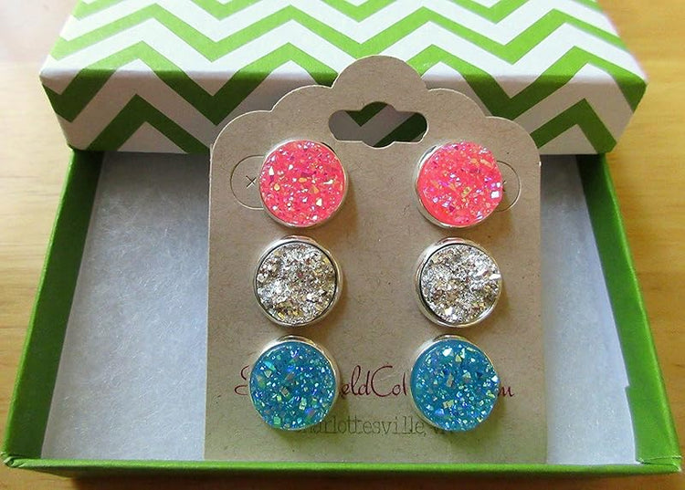 Summerfield Collection Trio Silver-tone Stud Earrings Pink Blue Faux Druzy Stone Set 12mm