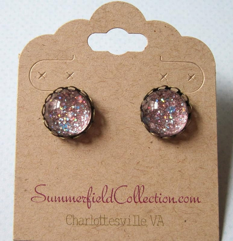Summerfield Collection Antiqued Gold-tone Pink Iridescent Glitter Glass Stud Earrings Hand-painted 12mm