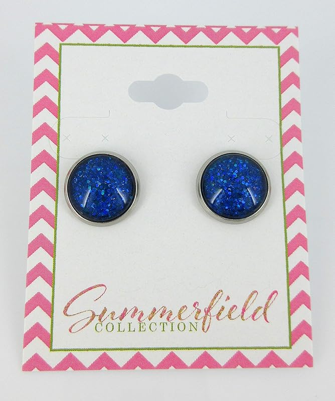 Summerfield Collection Stainless Steel Royal Blue Glitter Glass Stud Earrings Hand-painted 12mm