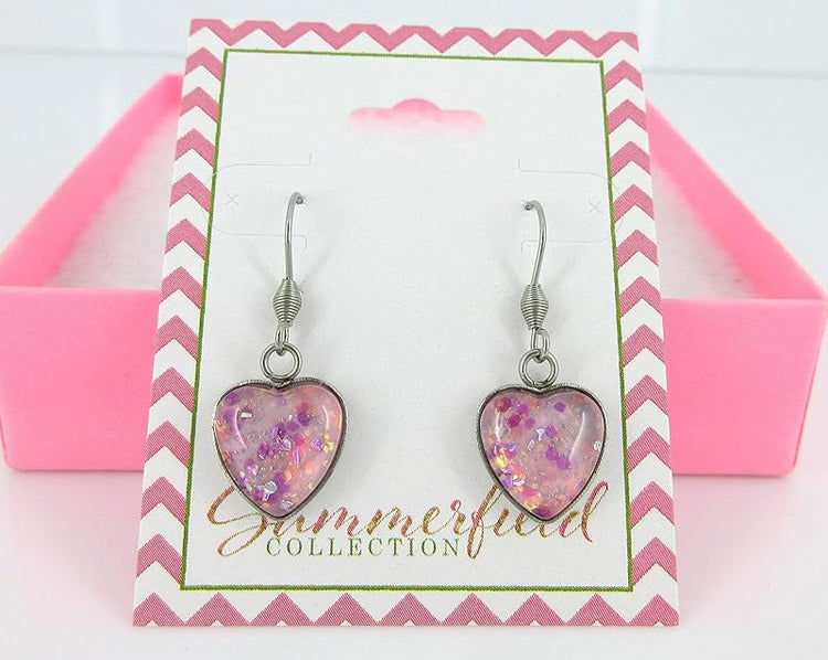 Summerfield Collection Ballet Pink Hand-painted Glass Heart Choker Necklace Faux Black Suede Cord Dangle Earrings Set