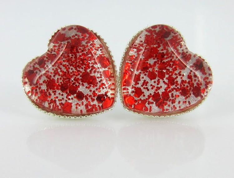 Summerfield Collection Silver-tone Glitter Glass Heart Stud Earrings Red Hand-painted