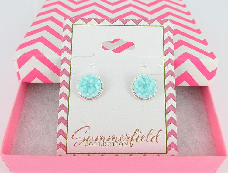 Summerfield Collection Silver-tone Faux Druzy Stone Stud Earrings 10mm (Lt Aqua Blue)