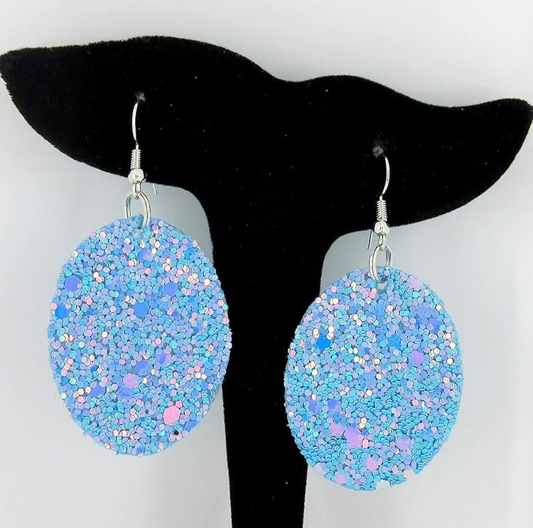 Summerfield Collection Silver-tone Glitter Faux Leather Oval Dangle Earrings (Sky Blue AB)
