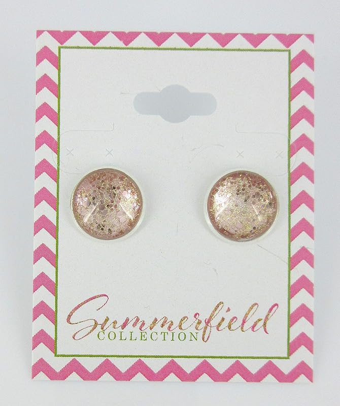 Summerfield Collection Silver-tone Shell Pink and Gold Shimmer Glitter Glass Stud Earrings Hand-painted 12mm