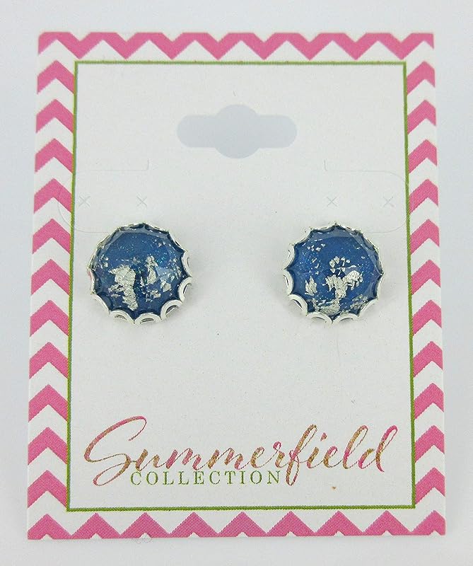Summerfield Collection Silver Foil Faceted Resin Stud Earrings 12mm (Blue)