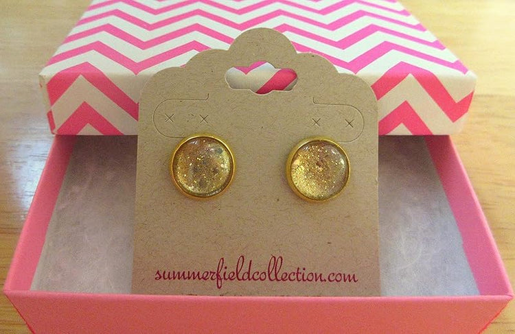 Summerfield Collection Gold-tone Glitter Glass Stud Earrings Hand-painted 12mm