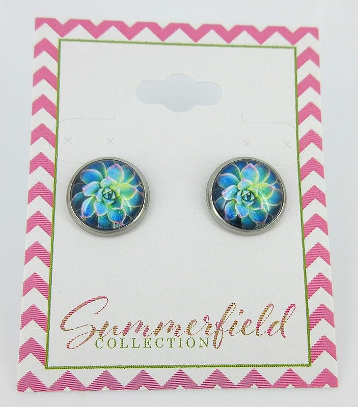 Summerfield Collection Stainless Steel Succulent Plant Print Glass Stud Earrings 12mm (Blue/Green)
