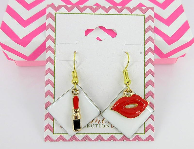 Summerfield Collection Gold-tone Enamel Lipstick and Lip Charm Dangle Earrings (White/Red)