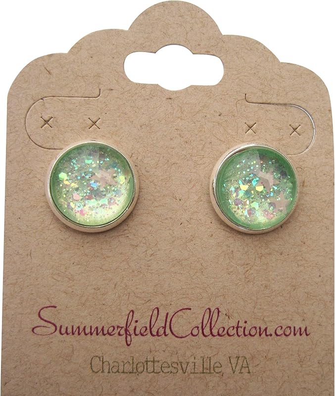 Summerfield Collection Silver-Tone Seafoam Iridescent Glitter Glass Stud Earrings 1/2" Round Mermaid Tears