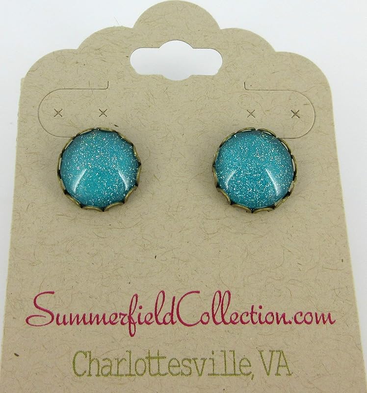 Summerfield Collection Antiqued Gold-tone Teal Blue Green Holographic Glitter Glass Stud Earrings Hand-painted 12mm