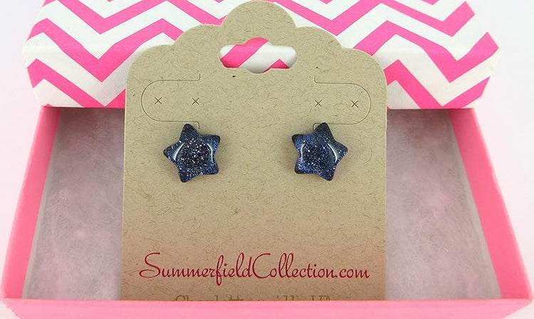 Summerfield Collection Dark Blue Star Shaped Glitter Glass Galaxy Stud Earrings 10mm Hand-painted