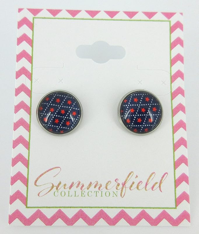 Stainless Steel Patriotic Stars Print Glass Stud Earrings 12mm (Navy Blue)