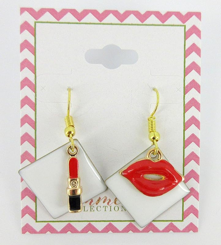 Summerfield Collection Gold-tone Enamel Lipstick and Lip Charm Dangle Earrings (White/Red)