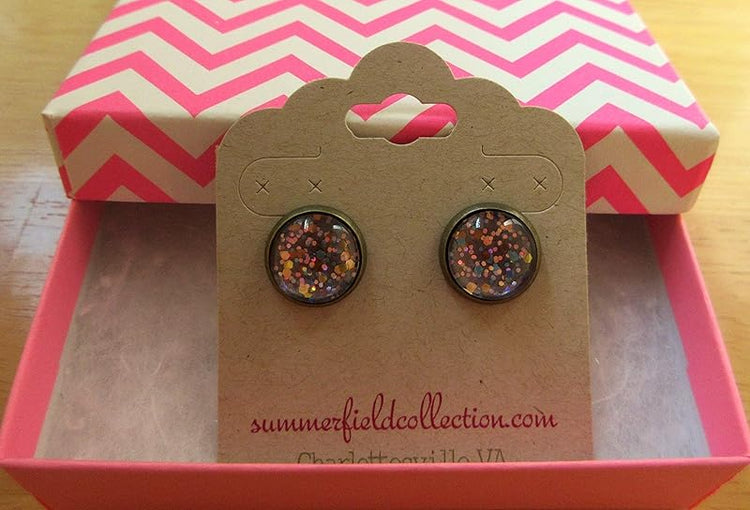 Summerfield Collection Antiqued Gold-tone Lavender Purple Glitter Glass Stud Earrings Hand-painted 12mm