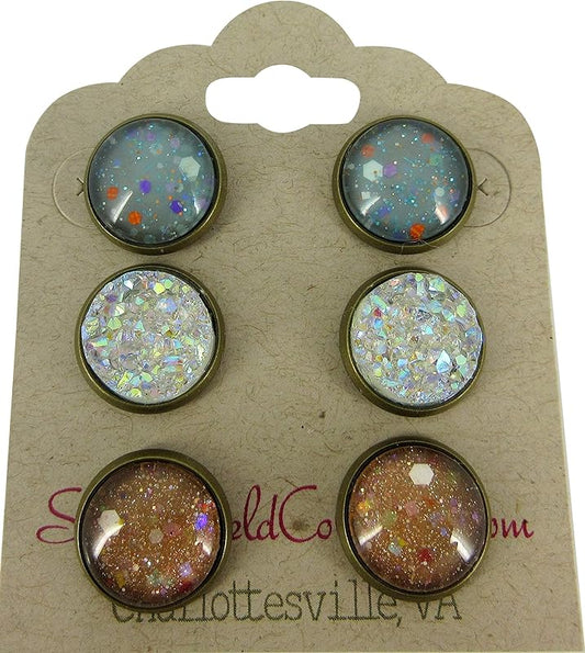 Summerfield Collection Trio Antiqued Gold-tone Stud Earrings Blue Orange Glitter Glass Clear AB Faux Druzy Stone Set 12mm