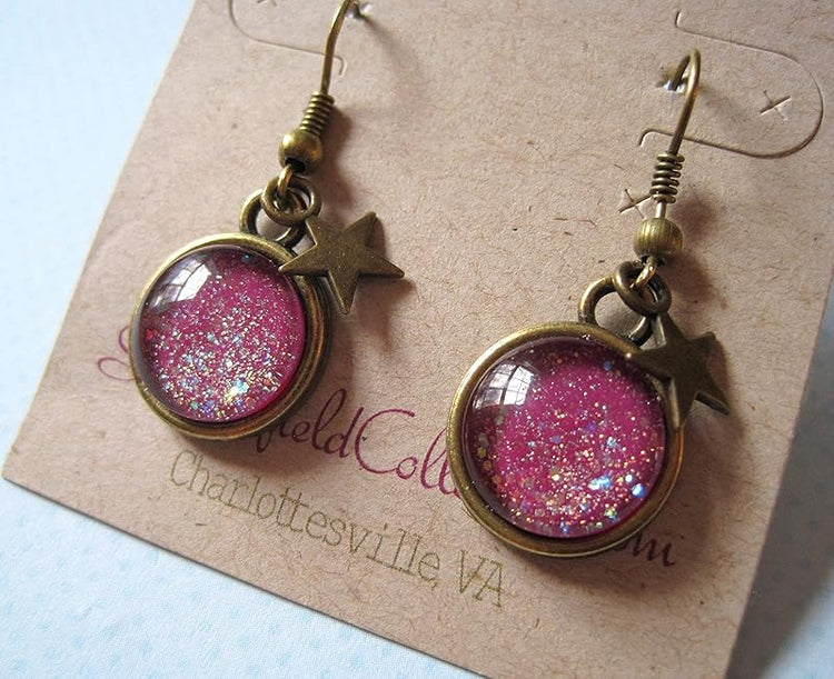 Summerfield Collection Antiqued Gold-tone Glitter Glass Star Charm Galaxy Dangle Earrings Plum Berry Purple Hand-painted