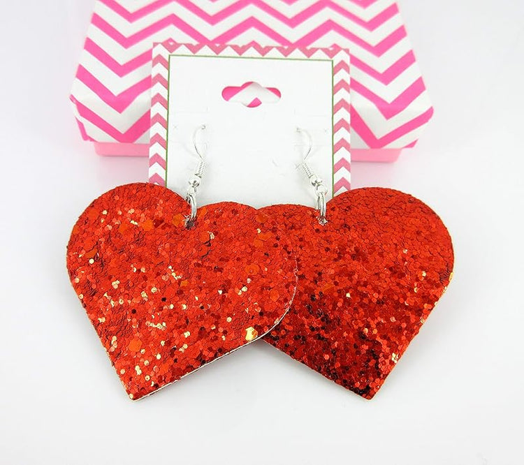 Summerfield Collection Red Glitter Faux Leather Large Heart Dangle Earrings