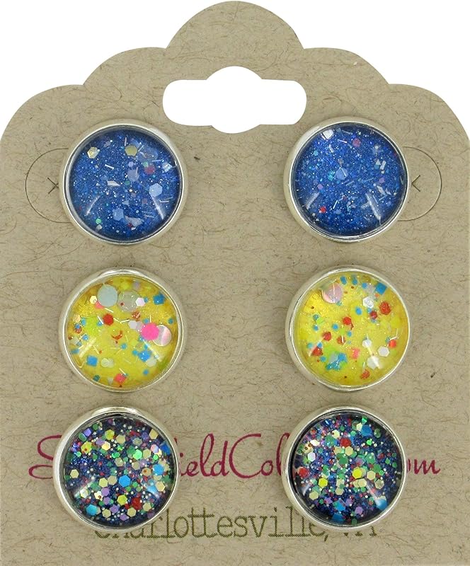 Summerfield Collection Trio Silver-tone Stud Earrings Blue Yellow and Black Confetti Glitter Glass Set 12mm Hand-painted