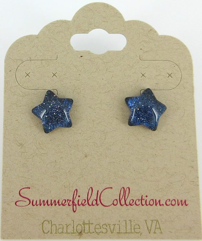 Summerfield Collection Dark Blue Star Shaped Glitter Glass Galaxy Stud Earrings 10mm Hand-painted