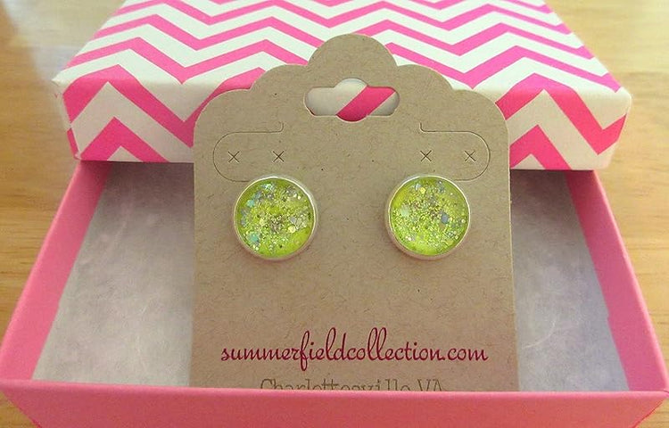 Summerfield Collection Silver-tone Neon Yellow Green Glitter Glass Stud Earrings Hand-painted 12mm