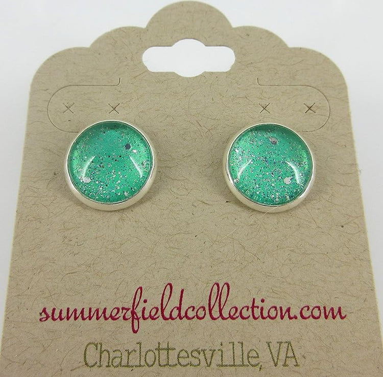 Summerfield Collection Silver-tone Twinkle Glitter Glass Galaxy Stud Earrings Hand-painted 12mm (Mint Green)