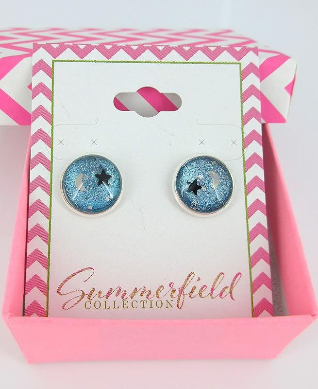 Summerfield Collection Silver-tone Star and Moon Holographic Glitter Glass Galaxy Stud Earrings Hand-painted 12mm
