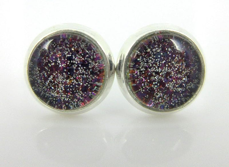 Summerfield Collection Silver-tone Purple Blue Gold Green Glitter Glass Stud Earrings Hand-painted 8mm