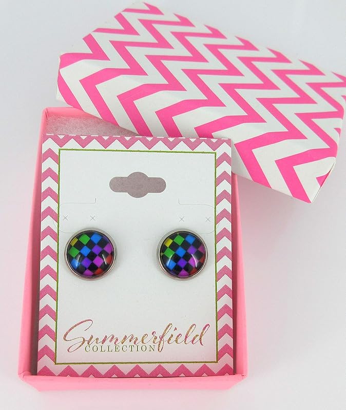 Summerfield Collection Stainless Steel Checkerboard Print Glass Stud Earrings 12mm (Rainbow)