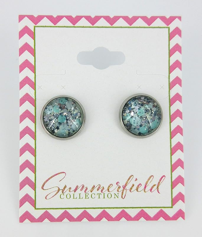 Summerfield Collection Stainless Steel Mint Green and Silver Glitter Glass Stud Earrings Hand-painted 12mm