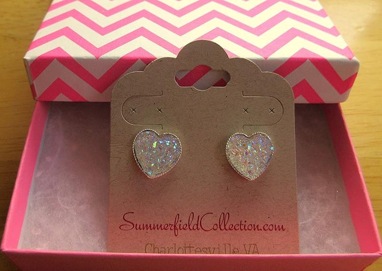 Summerfield Collection Silver-tone Heart Faux Druzy Stone Stud Earrings 12mm (Clear AB)