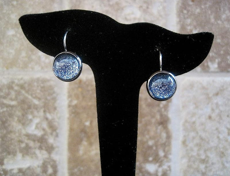 Summerfield Collection Hematite-tone Blue Silver Black Glitter Glass Galaxy Lever-back Drop Earrings Hand-painted