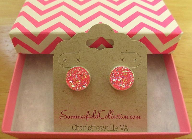 Summerfield Collection Silver-tone Solid AB Faux Druzy Stone Stud Earrings 12mm (Hot Pink)