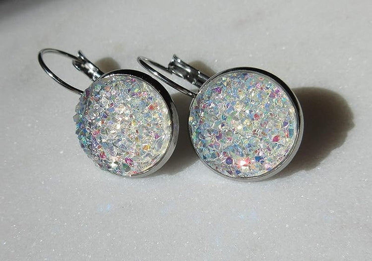 Summerfield Collection Stainless Steel Faux Druzy Stone Lever-back Drop Earrings 14mm (Clear AB)