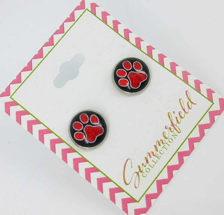 Summerfield Collection Stainless Steel Paw Print Glass Stud Earrings 12mm (Red)
